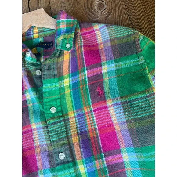 Ralph Lauren Tomboy Preppy Plaid Button Up Lite Flannel 10 Pink Green - Picture 3 of 7